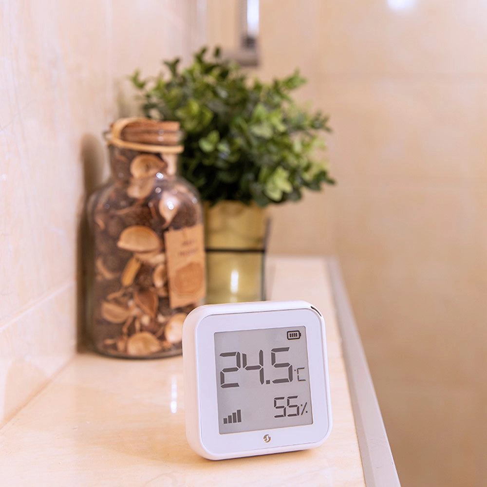 Senzor wireless de umiditate si temperatura Shelly Plus H&T, ecran E-ink, WiFi, control aplicatie, compatibil Amazon Alexa, Google Assistant si Home Assistant