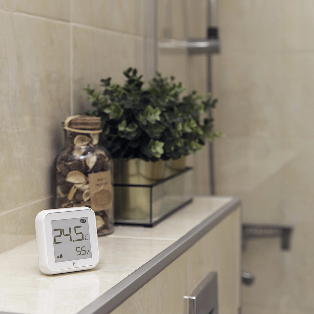 Senzor wireless de umiditate si temperatura Shelly Plus H&T, ecran E-ink, WiFi, control aplicatie, compatibil Amazon Alexa, Google Assistant si Home Assistant