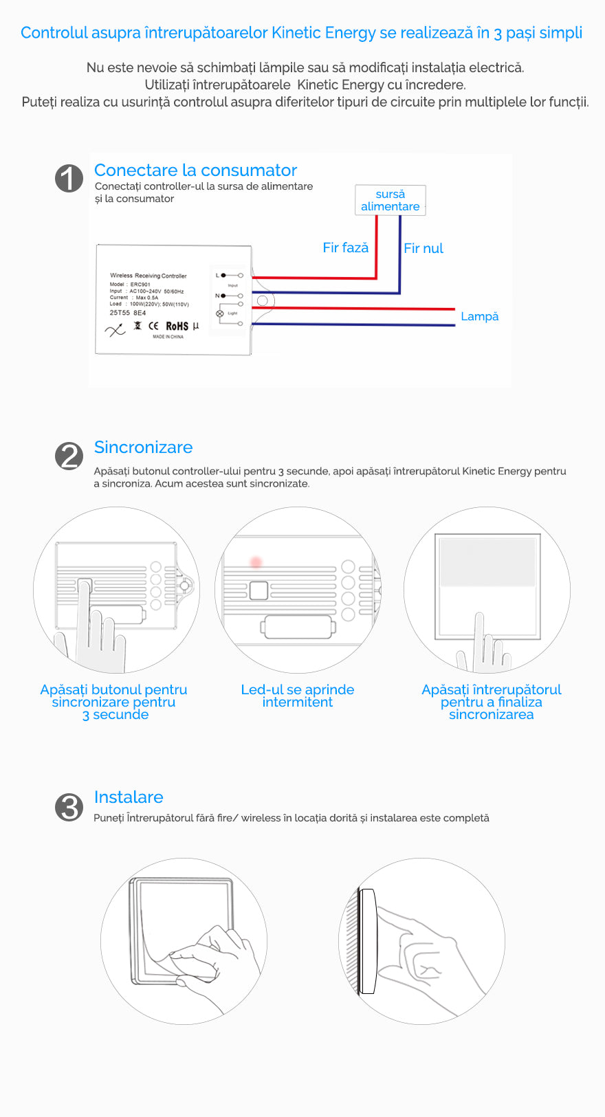 Kit Cap-Scara - 2 Intrerupatoare simple  KINETIC ENERGY + Controller 1 Canal, 5A, RF433